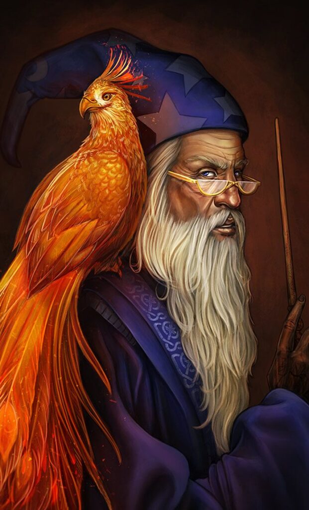 Imagen de Albus Dumbledor con su Fenix mascota