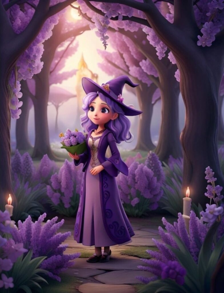 Bruja caminando en un bosque lleno de flores violetas